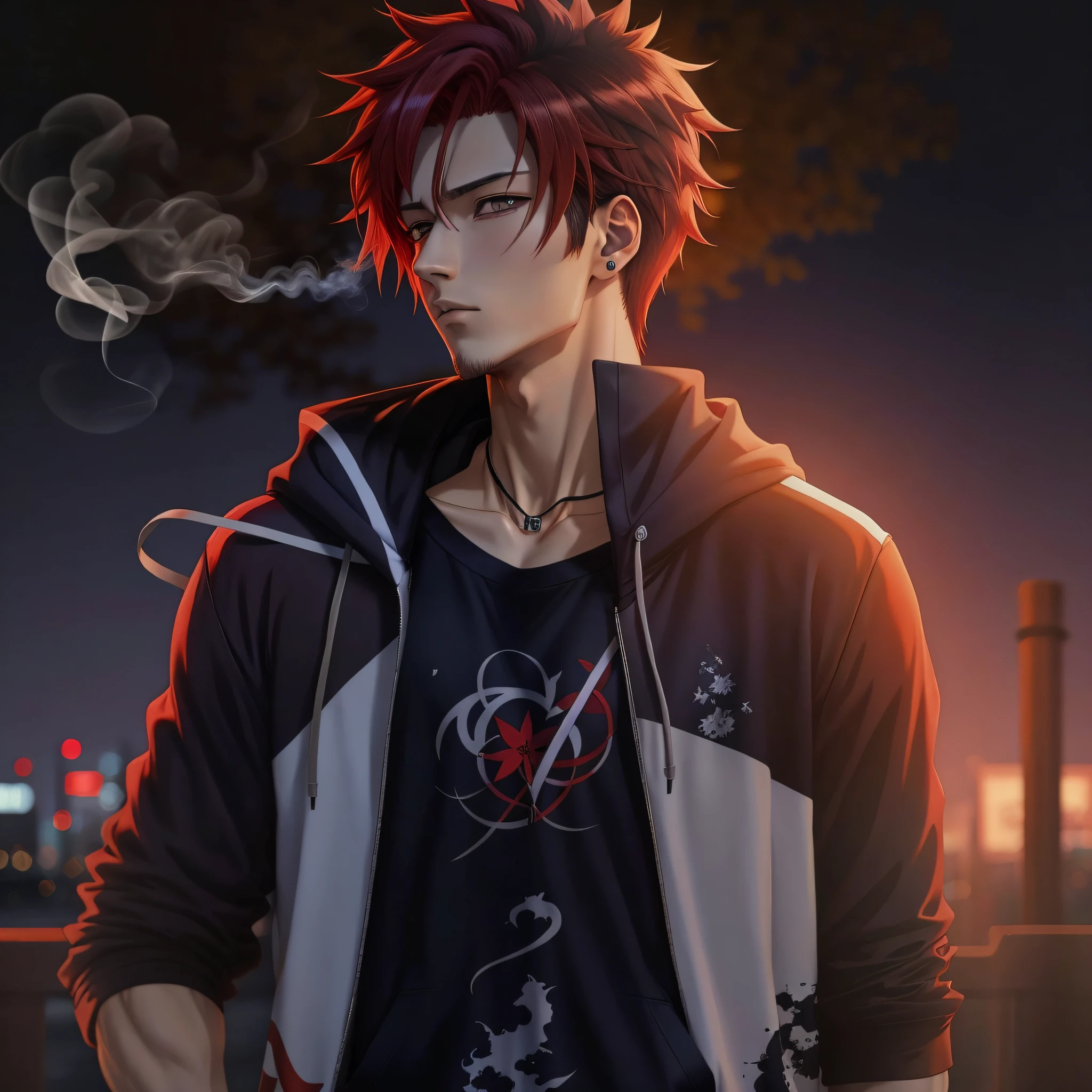 A man with red hair and a hoodie standing in front of a city - SeaArt AI