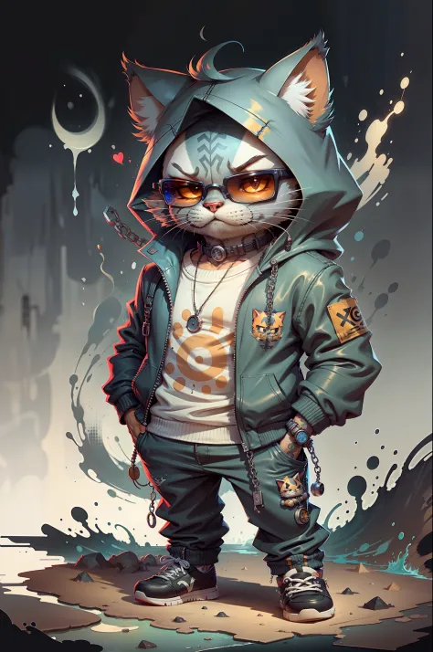 c4tt4stic, a cartoon cat wearing a jacket and sunglasses,long legs,body detailed, background blue red electrical detailed,tatto Skull jacket,