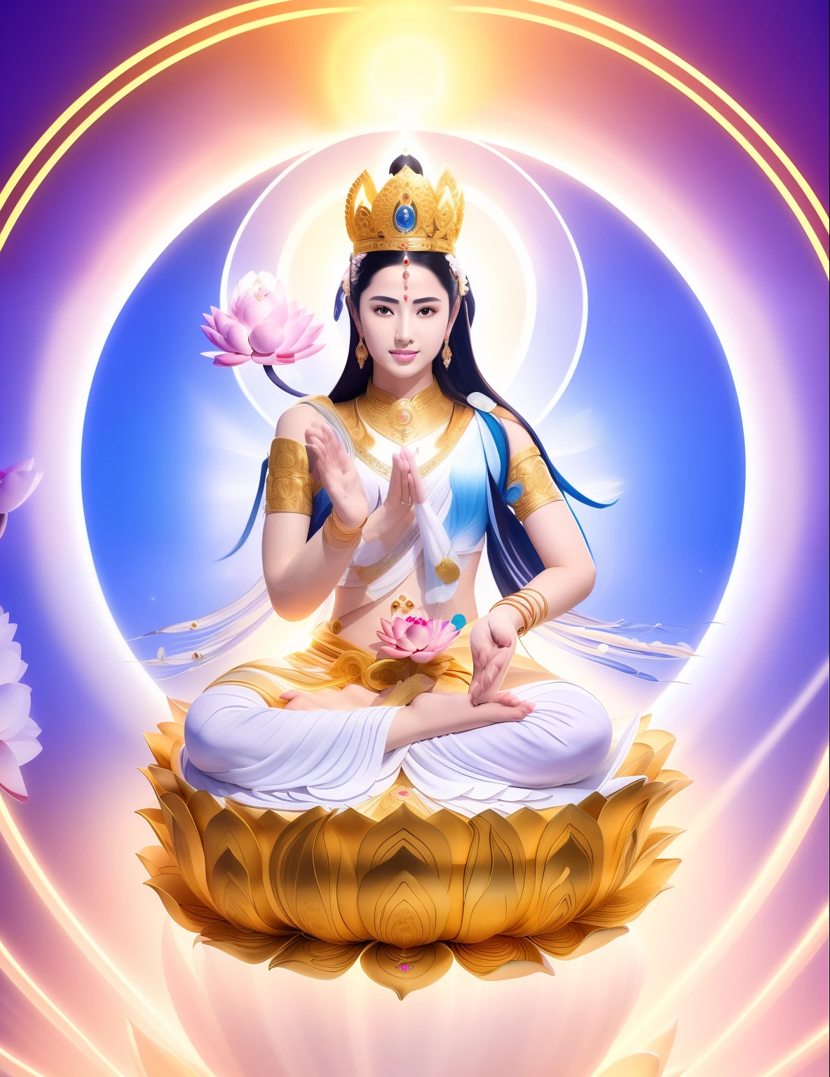 There is a beautiful goddess in the void，Young teenage girl，Goddess in white，Long eyebrows，Beautiful eyes shine，二重まぶた，Plump and rosy lips，Fair skin is delicate and smooth，Radiant skin，A delicate crown，inlaid gemstones，Yingluo，Sit on a lotus in the air，Surrounded by white clouds，Pinch the stem of the lotus flower with one hand，The other hand is spread out in the palm of the hand，white skinned，（（Correct body structure）），White clothing，baiyun，Blue sky，Head background with round light，There is a five-color circle behind him，Color glow is turned on，Front lighting，Positive light，No shadows on the face，There are no shadows on the body，Blue sky，Unreal space，ethereal world，dreamworld，with blue sky and white clouds，tmasterpiece，4K，ultra-definition，professional photoshooting，