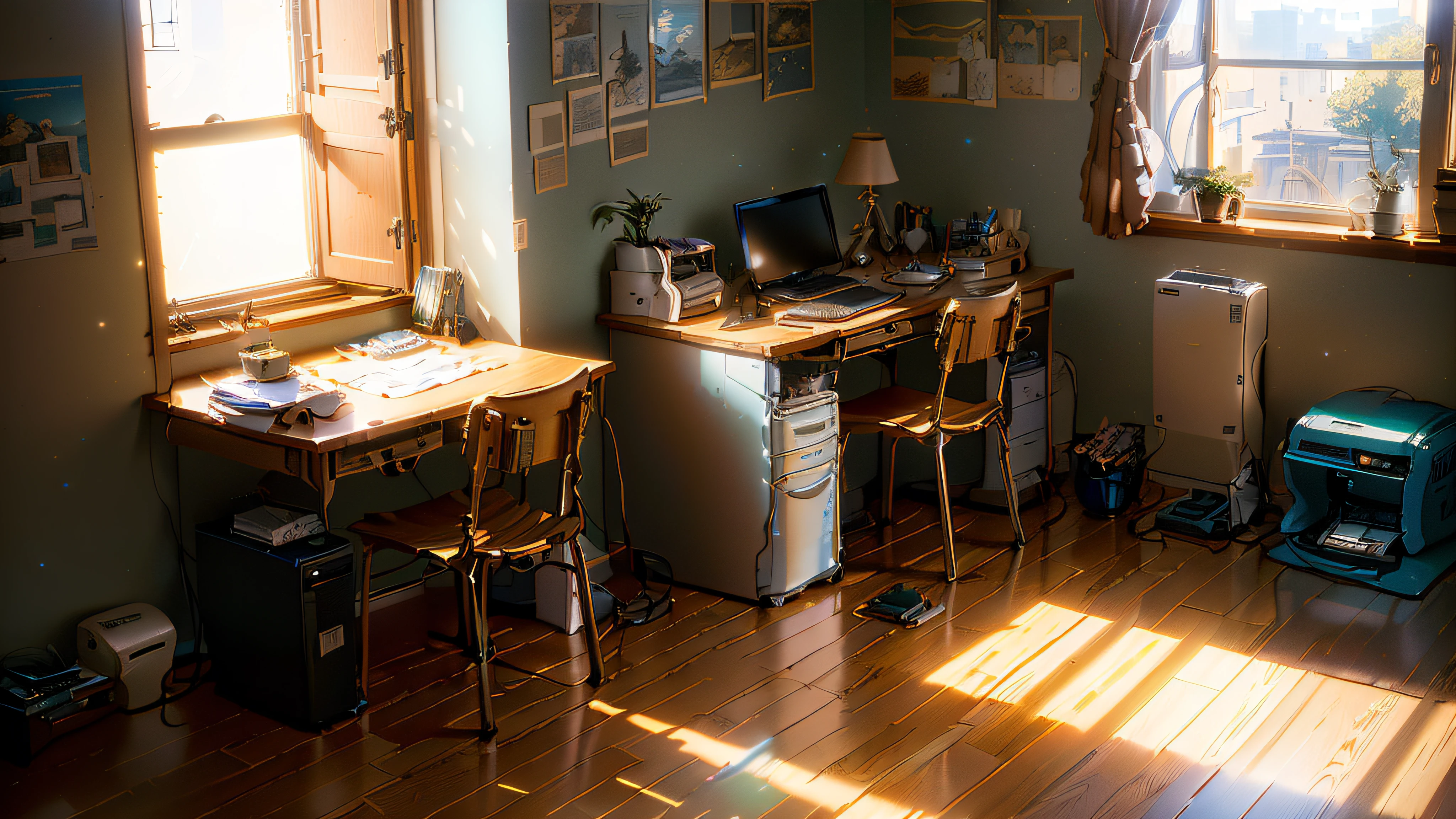 Il y avait un bureau avec ordinateur et imprimante dans la chambre, Studio Ghibli Lumière du soleil, Realistic éclairage de l&#39;après-midi, lumière du matin cinématographique, éclairage de l&#39;après-midi, rendu par octane. par Makoto Shinkai, nice éclairage de l&#39;après-midi, prise avec un appareil photo Sony A7R, studio avec désinvolture makoto shinkai, Éclairage du matin, salle photoréaliste, éclairage réaliste, early Éclairage du matin