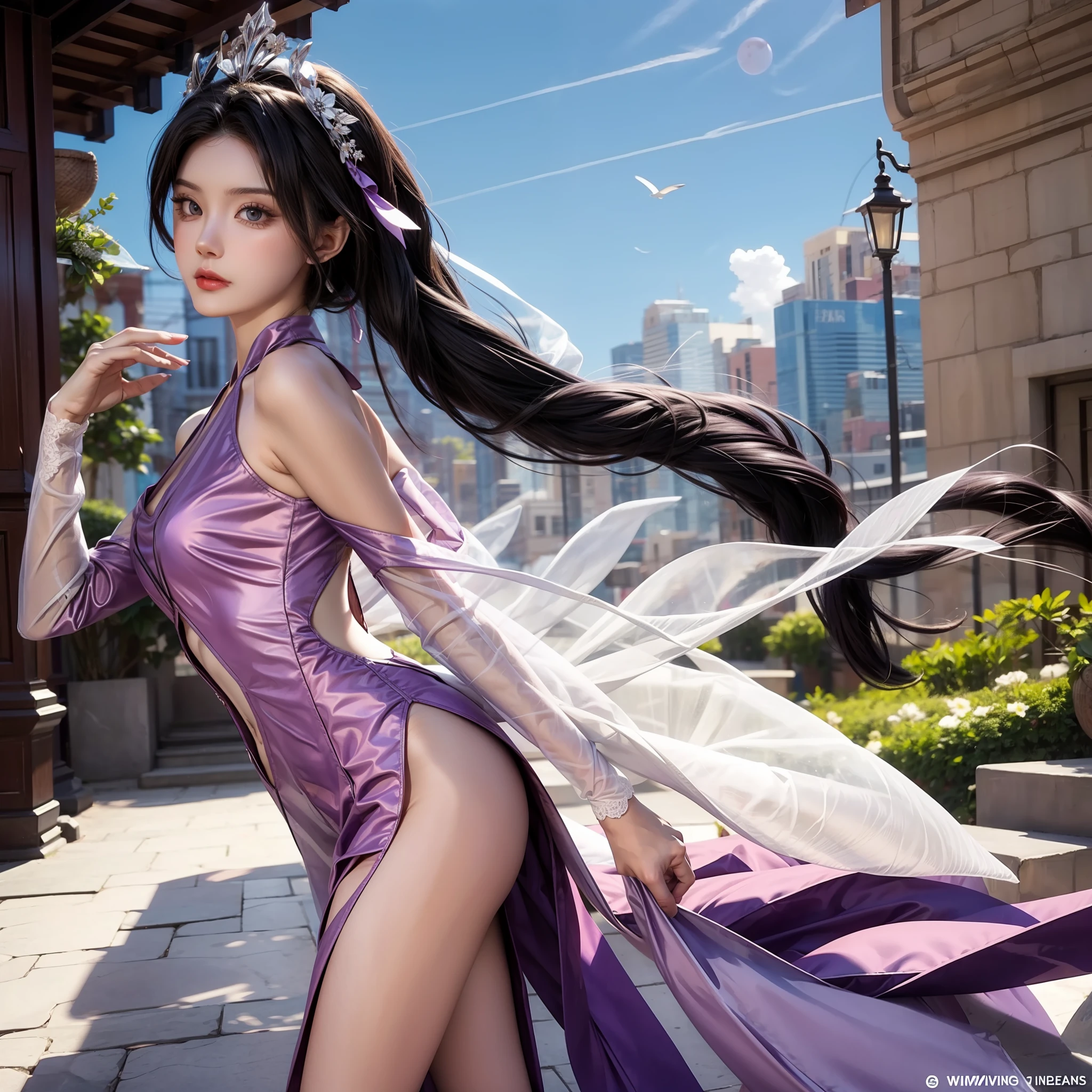 beautiful fairy with transparent wings, purple suit with bare legs and shoulders