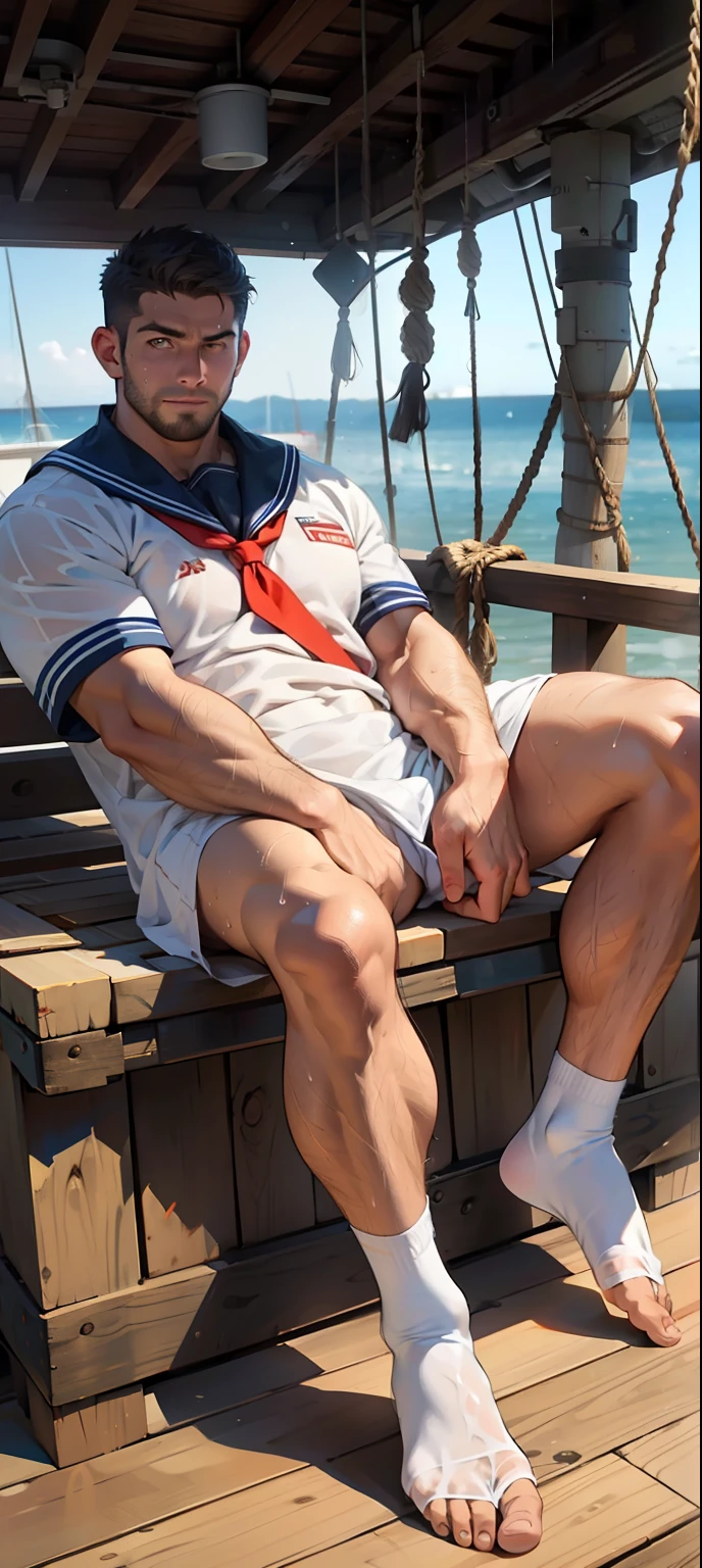 Arafed man in a sailor outfit sitting on a wooden bench - SeaArt AI