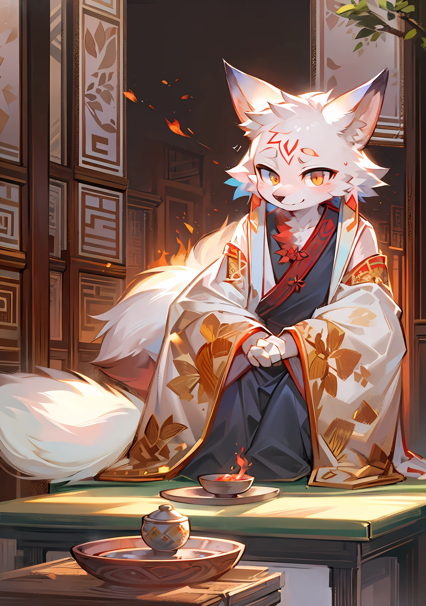 8K, Super detail, ccurate, Best quality，An 18-year-old fox boy sits on a mat in a teahouse，Hold the tea bowl in your hand，The arms have a flame-like pattern，There are fire spirit marks on the forehead，There are reddish-orange hairs, Rich plush texture, Very delicate fur, animal personification, Fluffy fox tail, Fox ears，Wear loose Chinese clothing, Cute face, full bodyesbian, Looking at the audience，One eye is red，The other eye is blue，schoolboy