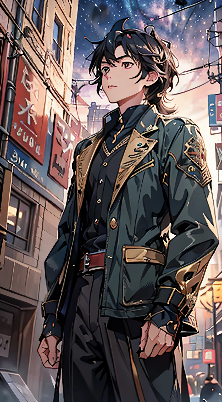 absurd res, A high resolution, (Masterpiece:1.4), Ultra-detailed, 1 man, 25 years old, standing, Vintage tech suit, Black hair, Golden eyes, Makoto shinkai style, Looking Up The Sky, Night, toyko, Neon lights, Anatomically correct, not looking at viewer