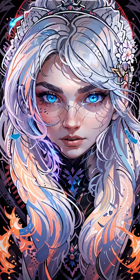 a stunning girl's face with mesmerizing blue flaming eyes, adorned with ethereal white hair, depicted in a highly-detailed and c...