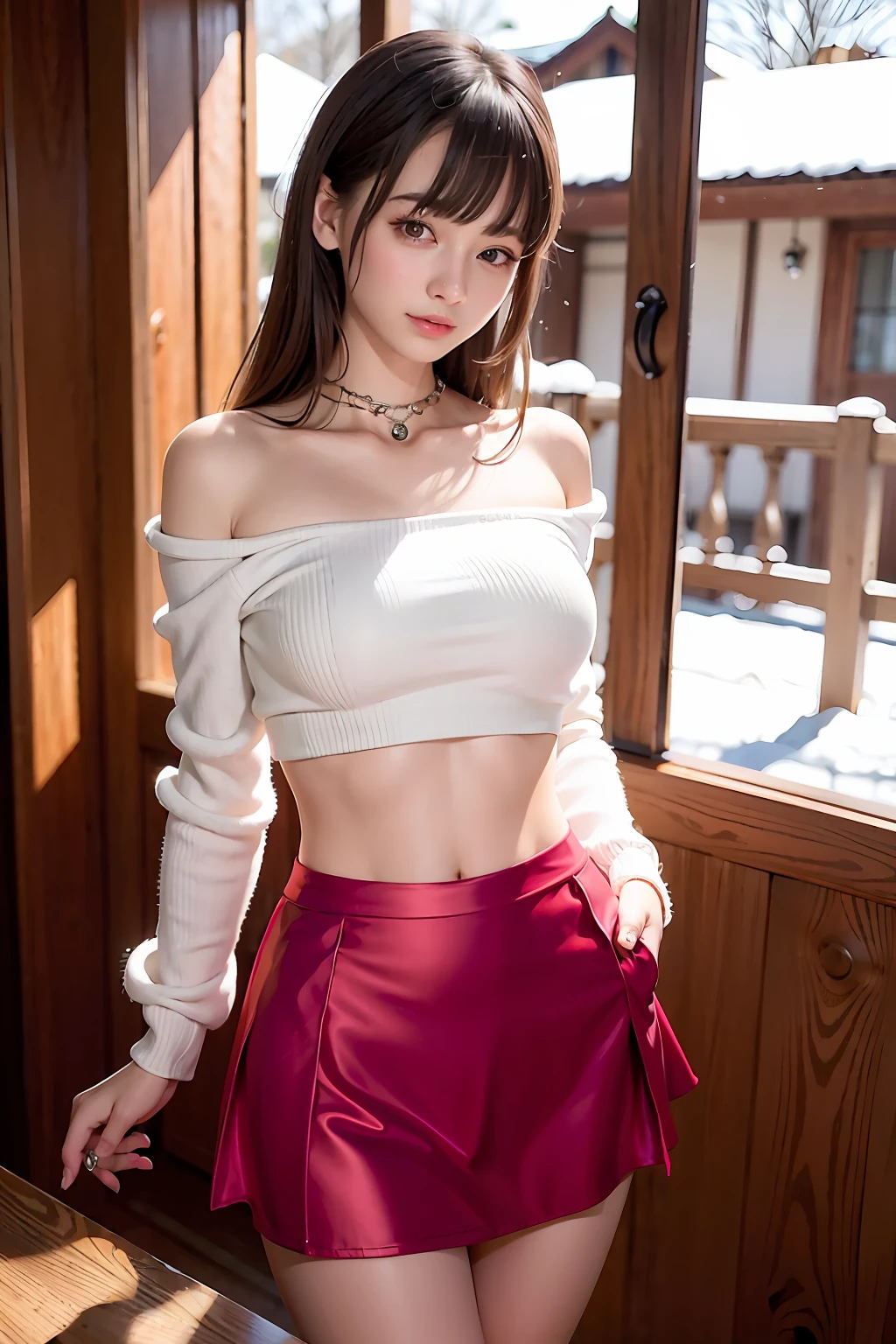 (Masterpiece:1.2),(Photorealsitic:1.5),2girls, duo,navel,Silk,Satin,Skirt,winter,Snow,