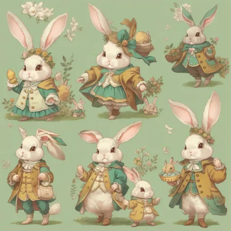 An ultra-high picture quality、Super delicate、Character design drawings、Full body like、Multiple Pose、Multiple facial expressions、((Anthropomorphic cute rabbit))、Cute characters from fairy tales、Cute rabbit in coat、18th century French clothing、Colorful color...