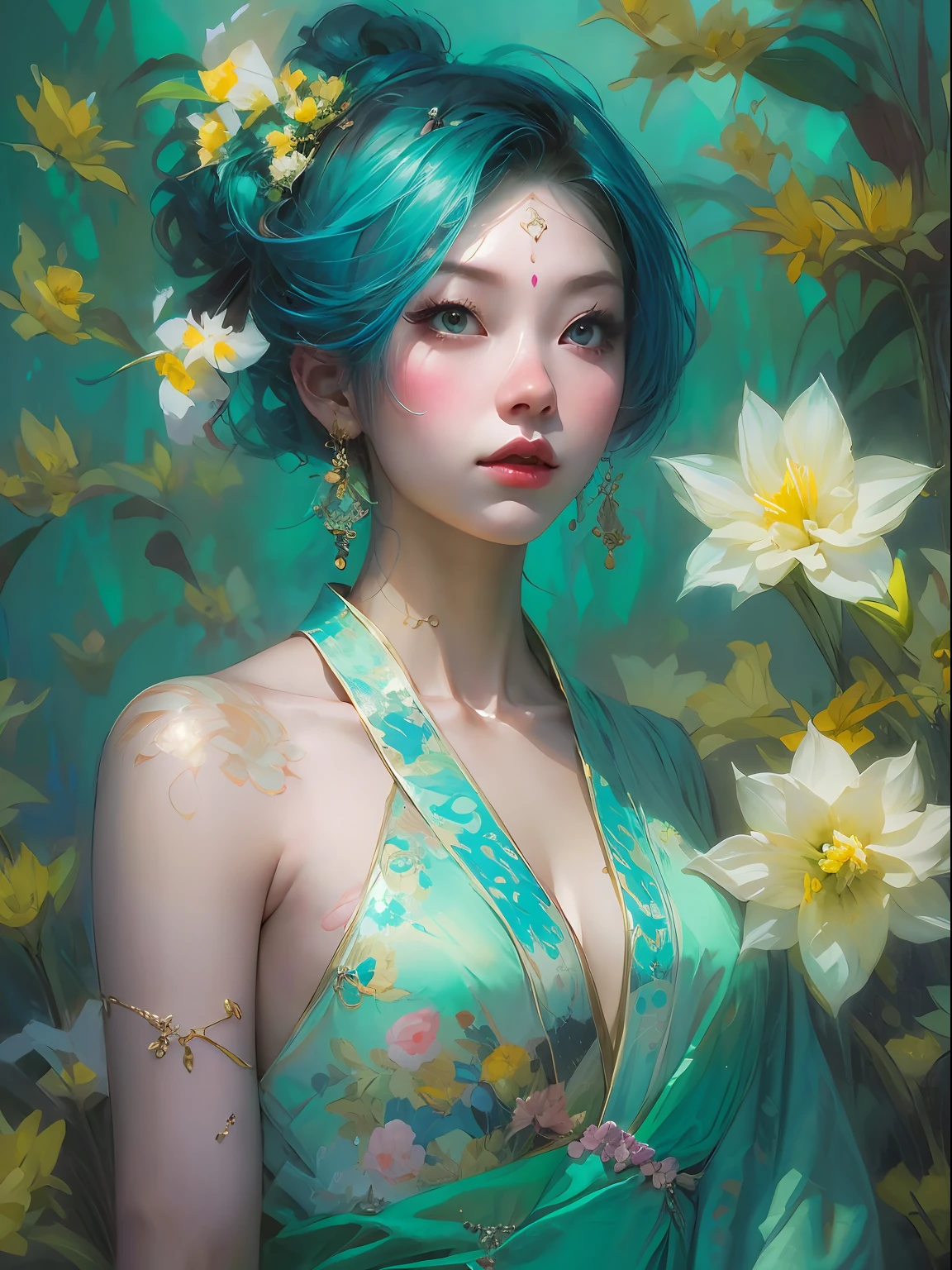 HighestQuali，tmasterpiece：1.2，Detailed details，4K，A beautiful painting of ladies，Her blue hair is surrounded by flowers, inspired by Lin Liang, Trend of CGsociety, arte figurativa, tyrus wong, daffodil, amarelo、blue and cyan colors, author：tom bagshaw, Japanese woman, Song Dynasty