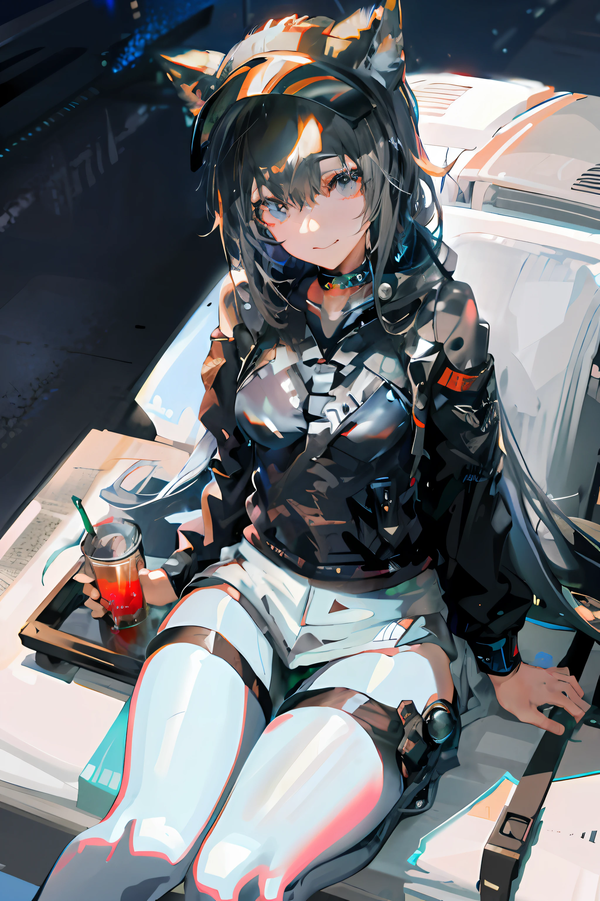 Anime-Mädchen sitzt im Auto, trinkt Getränke und trägt einen Hut., cyberpunk anime girl in hoodie, Stil von Anime4 K, cyberpunk anime girl mech, bestes Anime 4k Konachan-Hintergrundbild, cyberpunk anime girl, female cyberpunk anime girl, jet black haired cyberpunk girl, Badass-Anime 8 K, Porträt Anime Weltraum Kadett Mädchen, Kantai-Kollektionsstil, Digital cyberpunk anime art