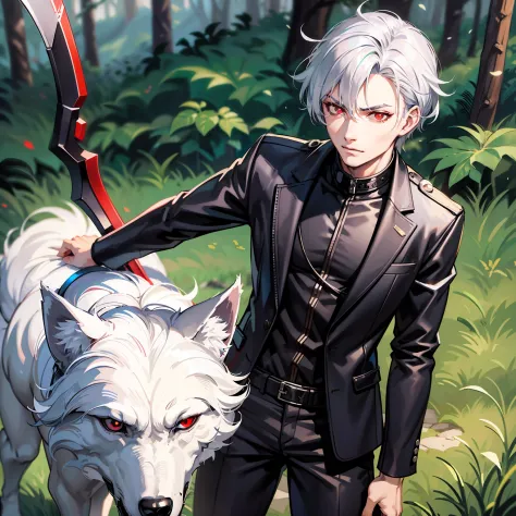 a boy in his 20s with silver hair on his head with 2 white wolf ears and ruby ​​red pupils along with a well-proportioned body w...
