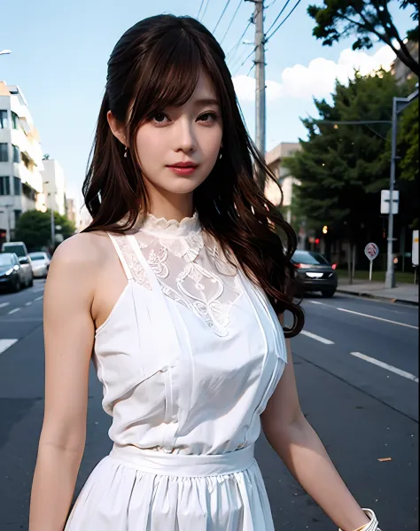 a woman posing on the street corner with white orange dress on, best quality, high res, 8k, 1girl, (huge breasts), day, bright, ...