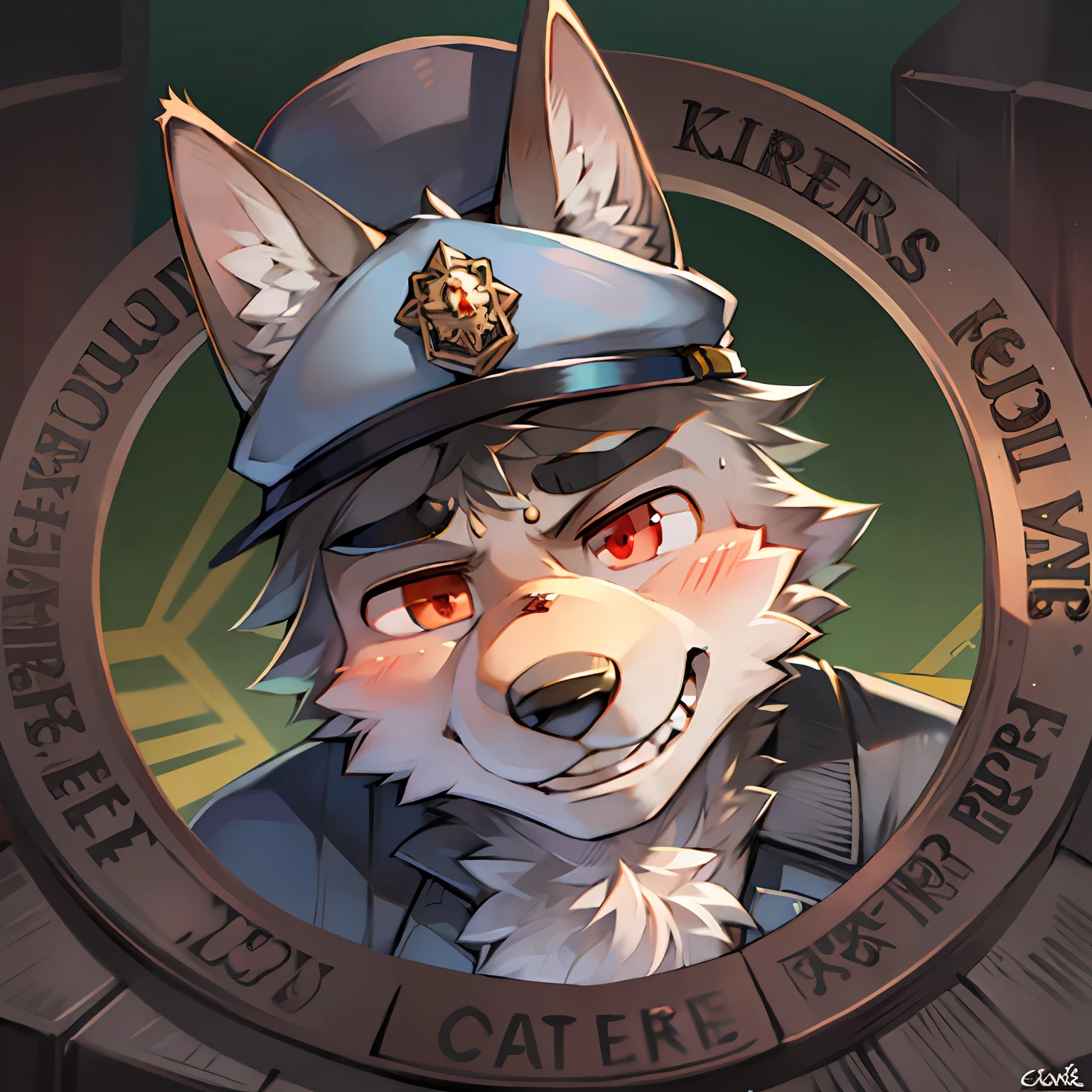 German Shepherd, Anthropomorphic German Shepherd, hairy pubic, 1boys, malefocus, 独奏, hairy pubic, red pupils, Police uniform, Gold-tone monocle, Gray hair, head portrait, Peaked hat, Dog ears, Naughty face, hyper HD, Masterpiece, ccurate, Super detail, High details, High quality, Award-Awarded, Best quality, A high resolution