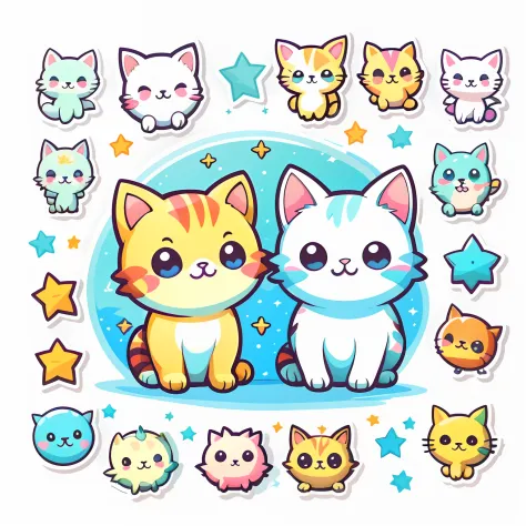 1 sticker, sticker, (cute, cat), stars, white background, no background, simple background, minimal, cute, tiny, pastel color, vector style, no gradient,