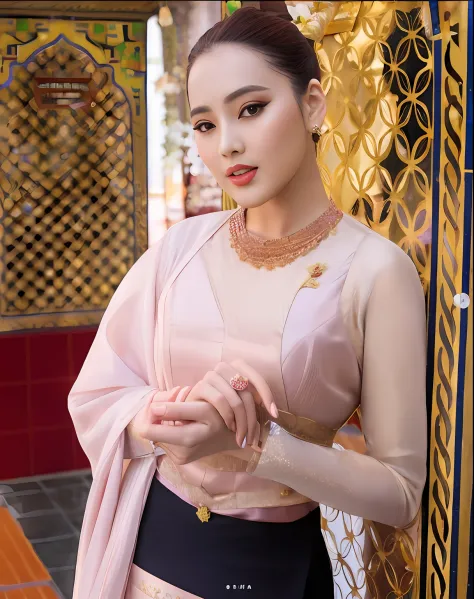 girl in a pink blouse and black skirt standing in front of a gold gate, nivanh chanthara, traditional beauty, south east asian w...