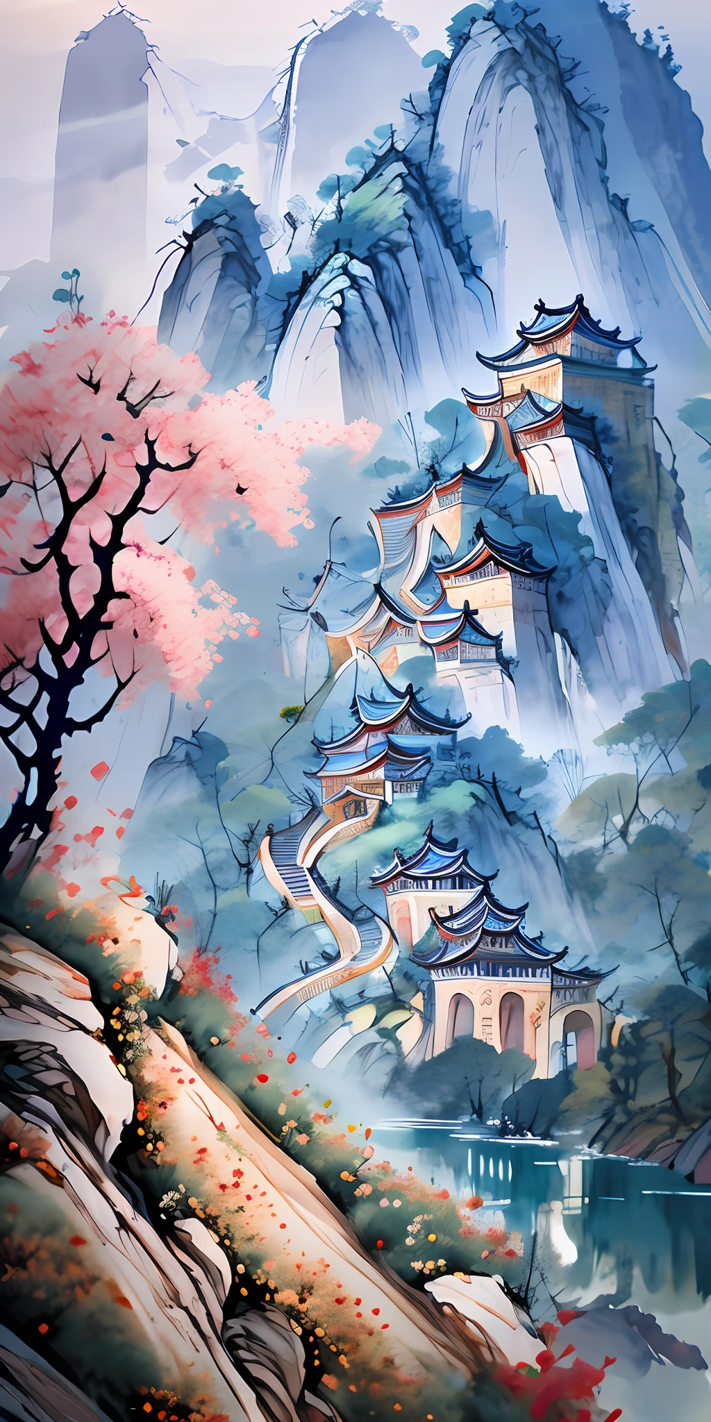 Antiguidade Chinesa，Palácio magnífico，Palácio Imortal，Fotorrealístico，água da montanha，