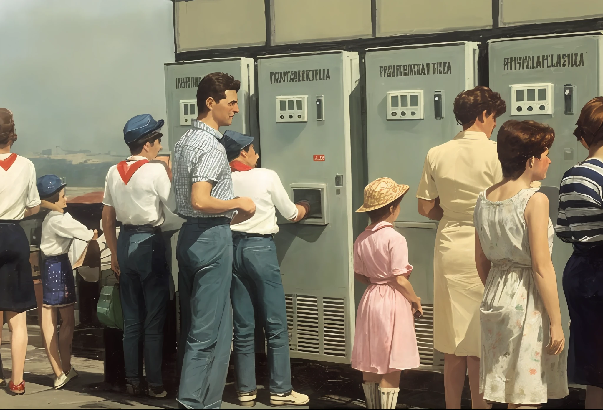 Menschen, In der Schlange stehen, Essen aus dem Automaten holen, Sowjetische Nostalgie, sowjetische Bushaltestelle, Fotos aus den 80ern, historisches Bild, historisches Bild, 1962 Sowjetisch, Typisch russische Atmosphäre, sowjetischer Stil, Russische Stadt der Zukunft, Alte Computer auf dem Bürgersteig, Sowjetische Ära, ussr, historisches Foto