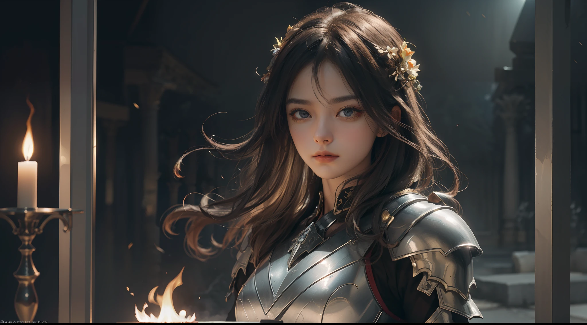 (Extremely detailed Cg Unity 8K wallpaper,Masterpiece, Best quality, Ultra-detailed, Beautiful detailed eyes:1.2),Best illumination, (Best shadow, An extremely delicate and beautiful, full bloom), 1girll,Solo,Large breasts，Heavy armor，complex patterns，Long hair,Holding a shield,Film filter, Hellfire,full bodyesbian,demon,Flame,Greek temple，dramatics，dynamicposes，illusory engine， (High detail: 1.9)