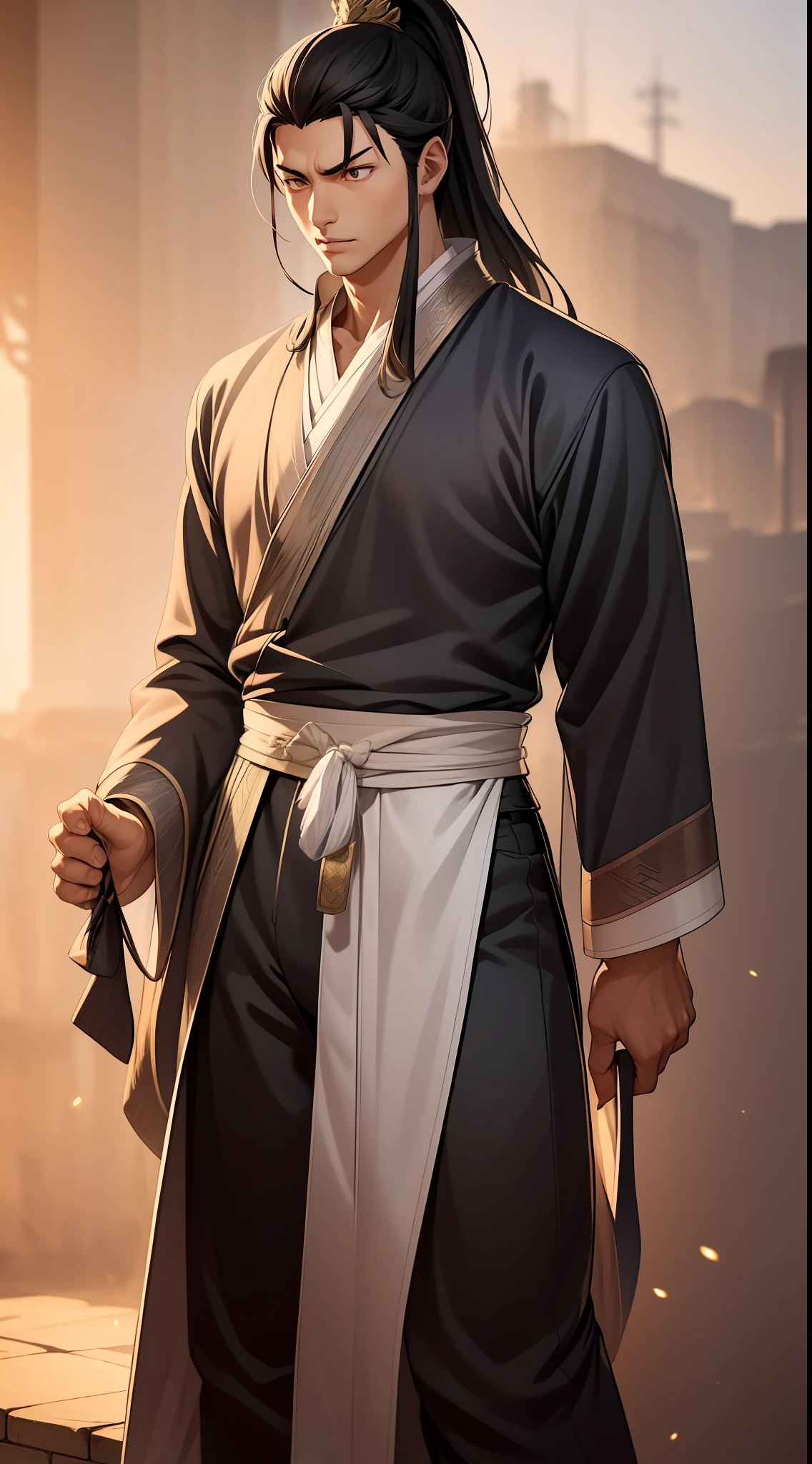 quadratic element，style of anime，mtu（Male Warrior），The proportions are correct，Face details，swordsmen，High ponytail hairstyle，Neck details，There is an Adam's apple，Black Hanfu，kaftan，black toga，clothes details，Handing over，longer sleeves，Game quality，Swordsmanship，Light and shadow tracking，Ray traching，detailed glow，cg render，hair detail，cabelos preto e longos，Black ㇏ eyes，Handsome，Handsome，（juvenile sense），Clothing is complicated，Perfectcomposition，Refinement，high qulity，higher details，Lots of details，The background is complex，a sense of atmosphere，