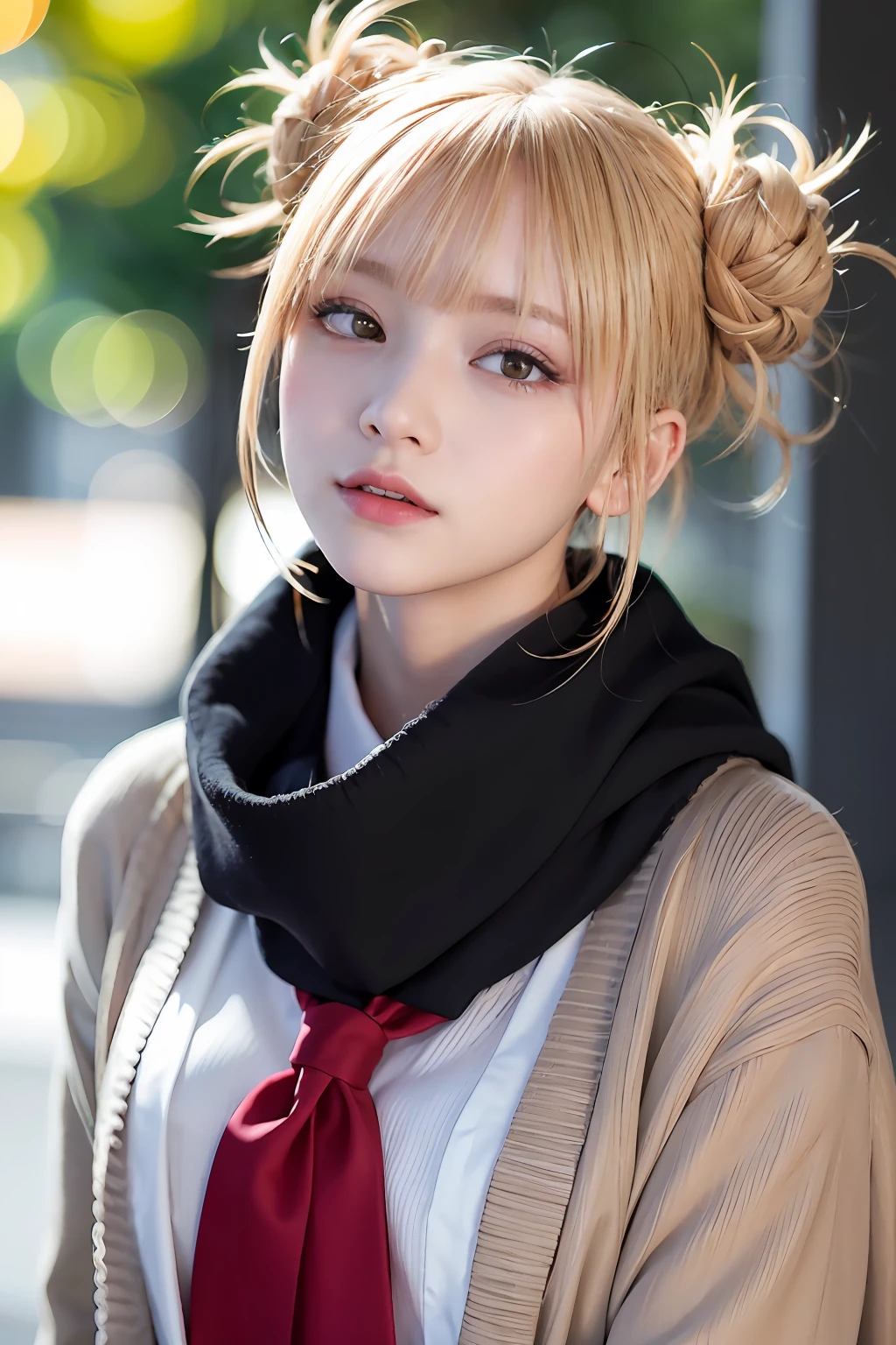 （（a blond、Himiko Toga、White Uniform Shirt、Dark blue uniform skirt、cardigan、red scarf、Dark eye shadow、Dark eyeliner、Patsun、Twin-tailed、Bun head、tthin eyebrows、Black socks、））、NSFW、​masterpiece、top-quality、hightquality、magnifica、Beautiful fece、hight resolution、Very high resolution、Raw photo、Best Illustration、hyper realisitic、1girl、realisitic、The ultra-detailliert、Photorealsitic、incredibly absurdness、a closeup、Floating hair、Soft light、Cinema Lights、Film Grain、full bodyesbian、depth of fields、blurry backround、bokeh dof:1.4、eyes focus、85mmレンズ、professionally lit、lensflare、Luminous particles:0.6、Professional Writing、portlate:0.6、Photon Mapping、Radio City、physically-based renderingt、a japanese girl、sexual excitement:1.5、lifelike face、Realistic body、real looking skin、huge-breasted:1.3、well-styled、camel's toe、light skinned:1.1、cute little:1.5