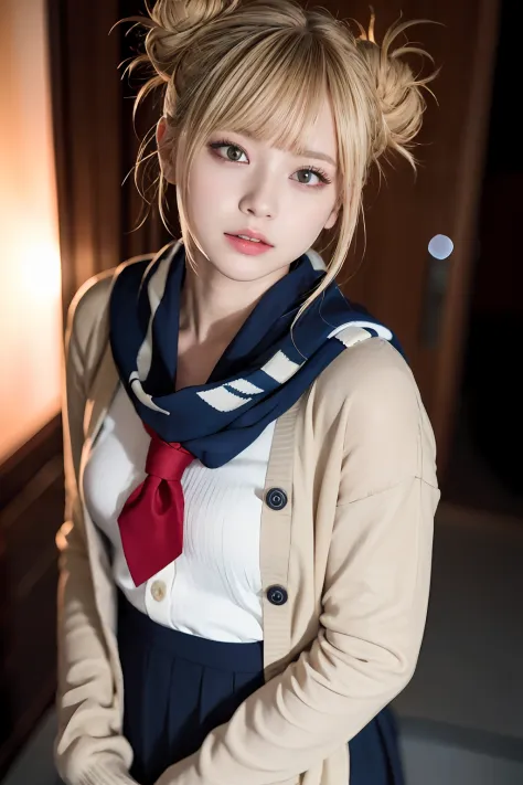 （（a blond、Himiko Toga、White Uniform Shirt、Dark blue uniform skirt、cardigan、red scarf、Dark eye shadow、Dark eyeliner、Patsun、Twin-t...