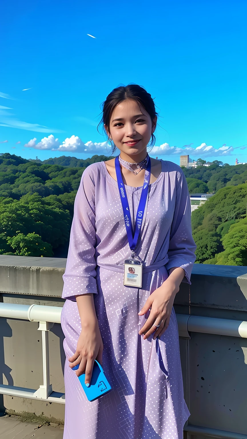 mulher de vestido roxo parada em uma ponte com um cordão azul, durante o pôr do sol, foto sincera, o fundo é celestial, imagem de qualidade muito baixa, com lindo olhar, Foto sincera, conectado com ponte suspensa!!, em tempo ensolarado, vista bonita, com uma expressão feliz, Foto sinceragraph, na Faculdade, com pôr do sol, estética assamesa, com terra ao fundo