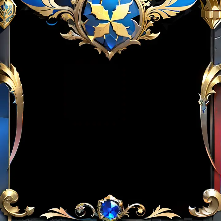 with black background，Game avatar frame，Red and blue color scheme，Ornate metal décor，There are two crossed swords at the top，There is a blue gemstone at the bottom