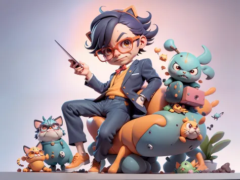 A young man in a suit and pants，Short hair and glasses，Sitting at your desk，holding laptop，digitial painting，cartoonish style，4K HD illustration，Very detailed facial features，tigre，Mark Clairdon，by Pixar，3D character design：Hayao Miyazaki and Akira Toriyam...