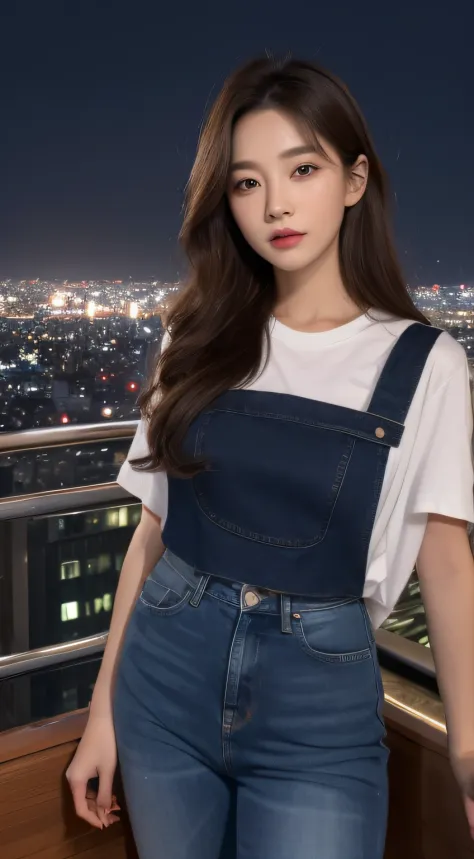 A woman standing on a balcony，and the background is an urban landscape, korean women's fashion model, wearing blue jean overalls...