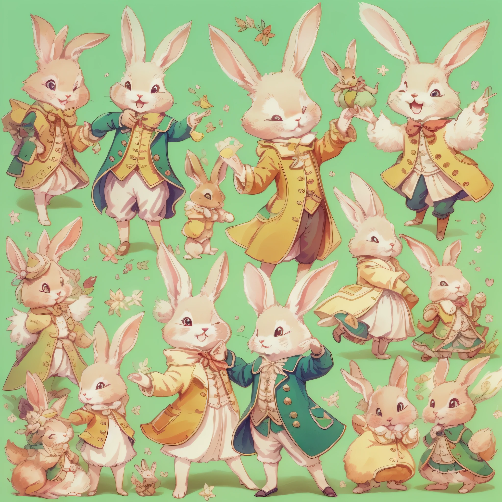 An ultra-high picture quality、Super delicate、Character design drawings、Full body like、Multiple dance poseultiple facial expressions、Anthropomorphic cute rabbit、Cute characters from fairy tales、Cute rabbit in coat、18th century French clothing、Colorful colors、