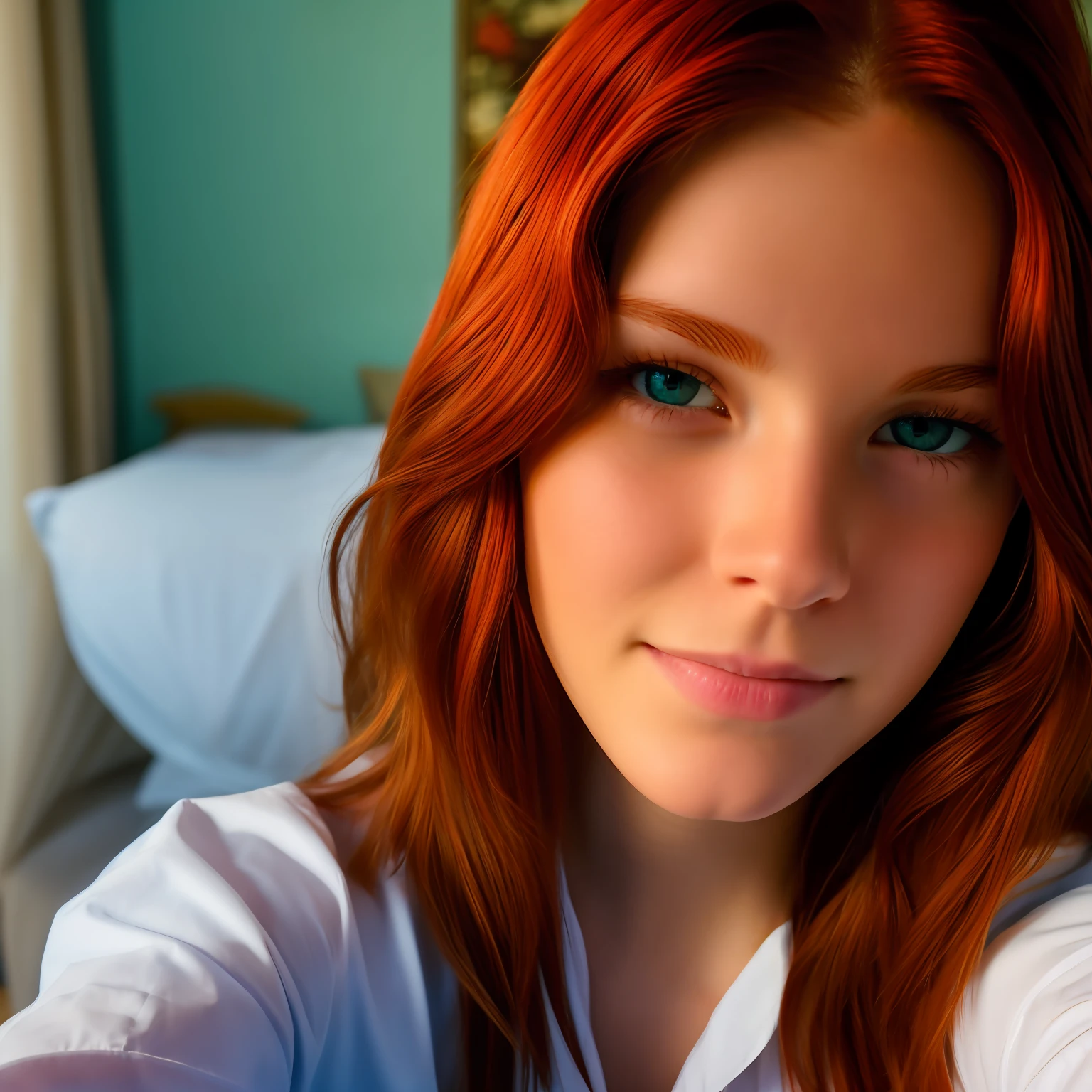 Gros plan d’une très belle beauté américaine de 18 ans, roux cheveux très courts, peau blanche, être timide, prendre un selfie