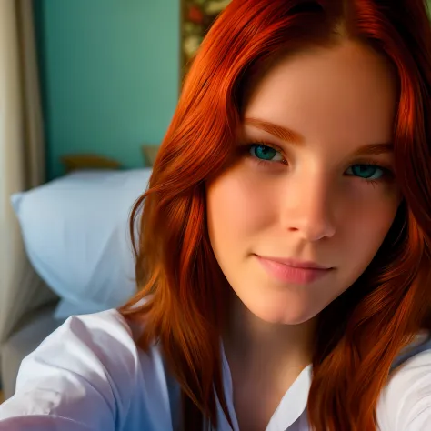 Close-up of  a very beautiful American beauty 18 years old, redhead very short hair, white skin, being shy, taking a selfie