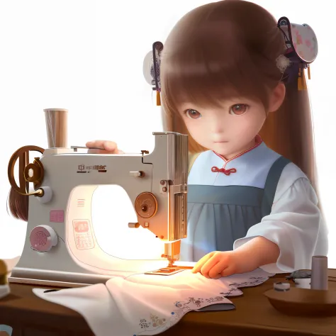 The image of a little girl sewing on a sewing machine, lovely digital painting, author：Yu Zheding, Realistic cute girl painting,...