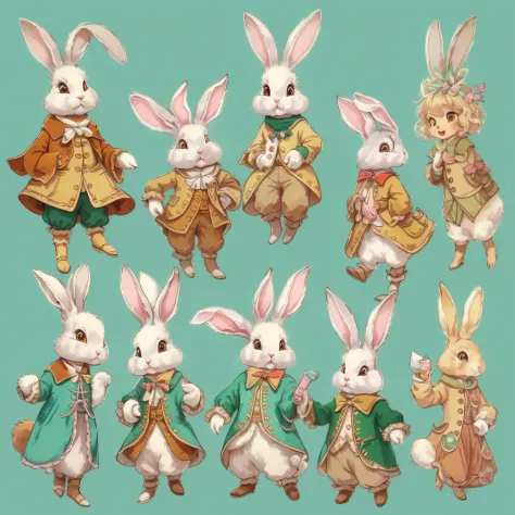 An ultra-high picture quality、Super delicate、Character design drawings、Full body like、Multiple Pose、Multiple facial expressions、((Anthropomorphic cute rabbit))、Cute characters from fairy tales、Cute rabbit in coat、18th century French clothing、Colorful color...