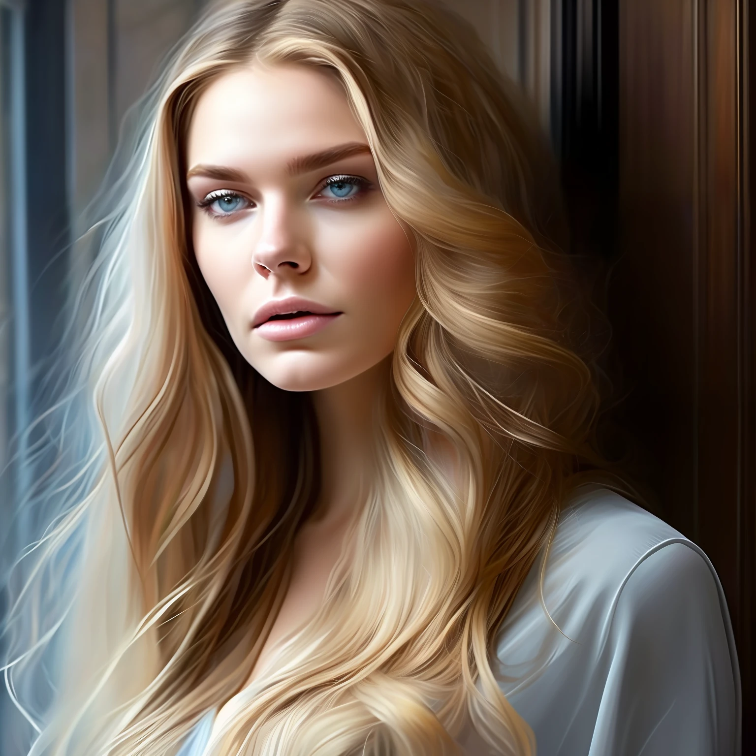 high weist portrait of blonde beautiful girl portrait that echoes her strength, resilience, and beauty. Feyre's portrait should frame her face, allowing her captivating features to take center stage. Start with her  blue eyes, the windows to her soul. They are vibrant and expressive, reflecting a depth of emotions accumulated through her journey.  Her strong jawline and high cheekbones reveal her determination and resilience, while her soft, full lips convey her capacity for love and compassion. Her long blonde, flowing hair should cascade around her shoulders, in light blue shimmery fantasy dress