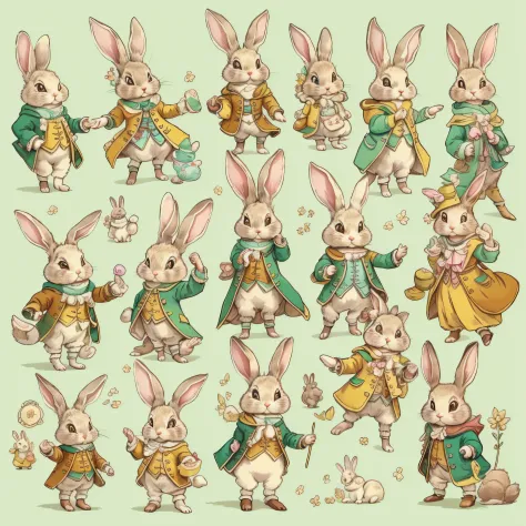 An ultra-high picture quality、Super delicate、Character design drawings、Full body like、Multiple Pose、Multiple facial expressions、((Anthropomorphic cute rabbit))、Cute characters from fairy tales、Cute rabbit in coat、18th century French clothing、Colorful color...