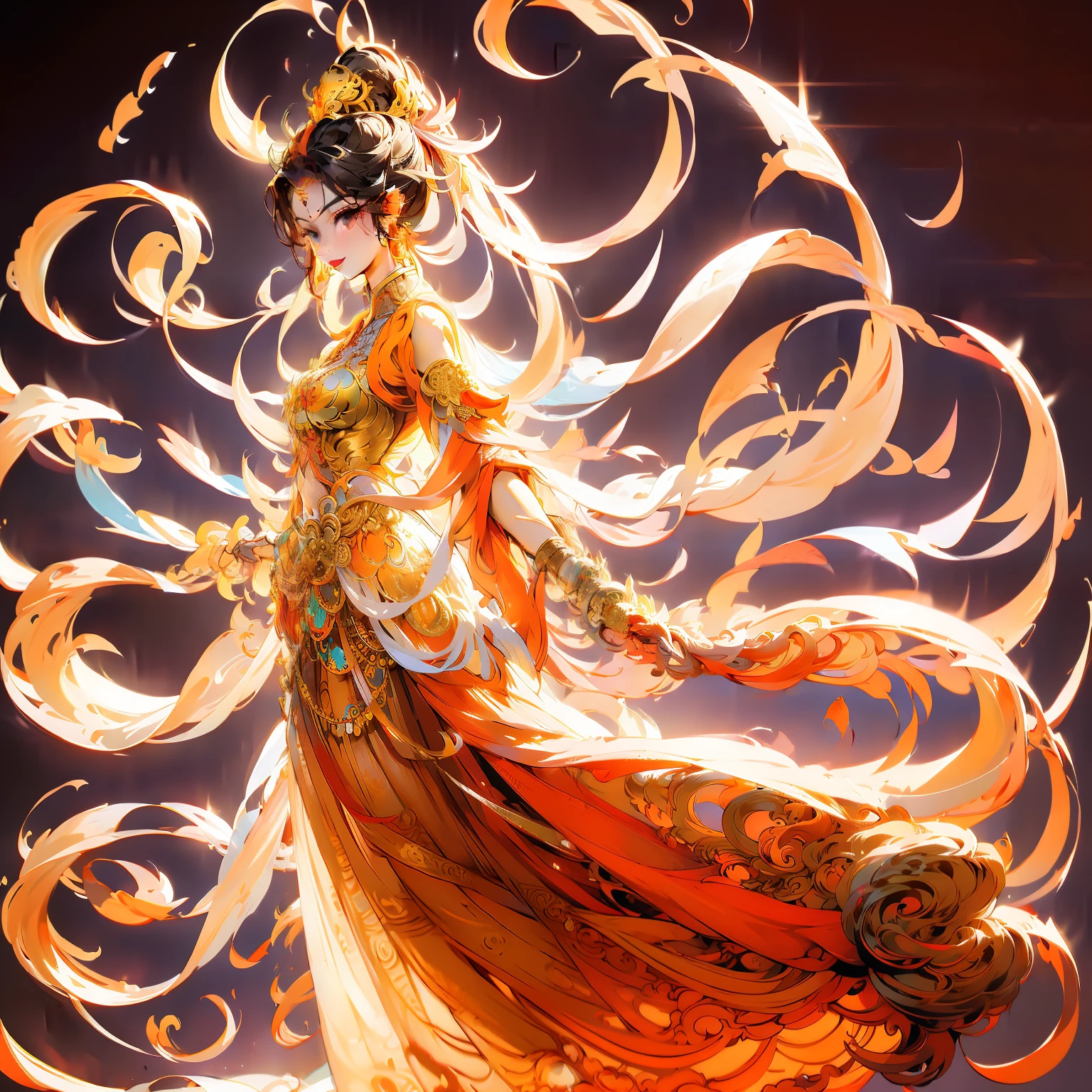 quadratic element，Traditional Chinese Dunhuang costume,femele,Coiled hair,red color eyes,Dunhuang dance,the setting sun,evening light,opulent,filigree,A high resolution）