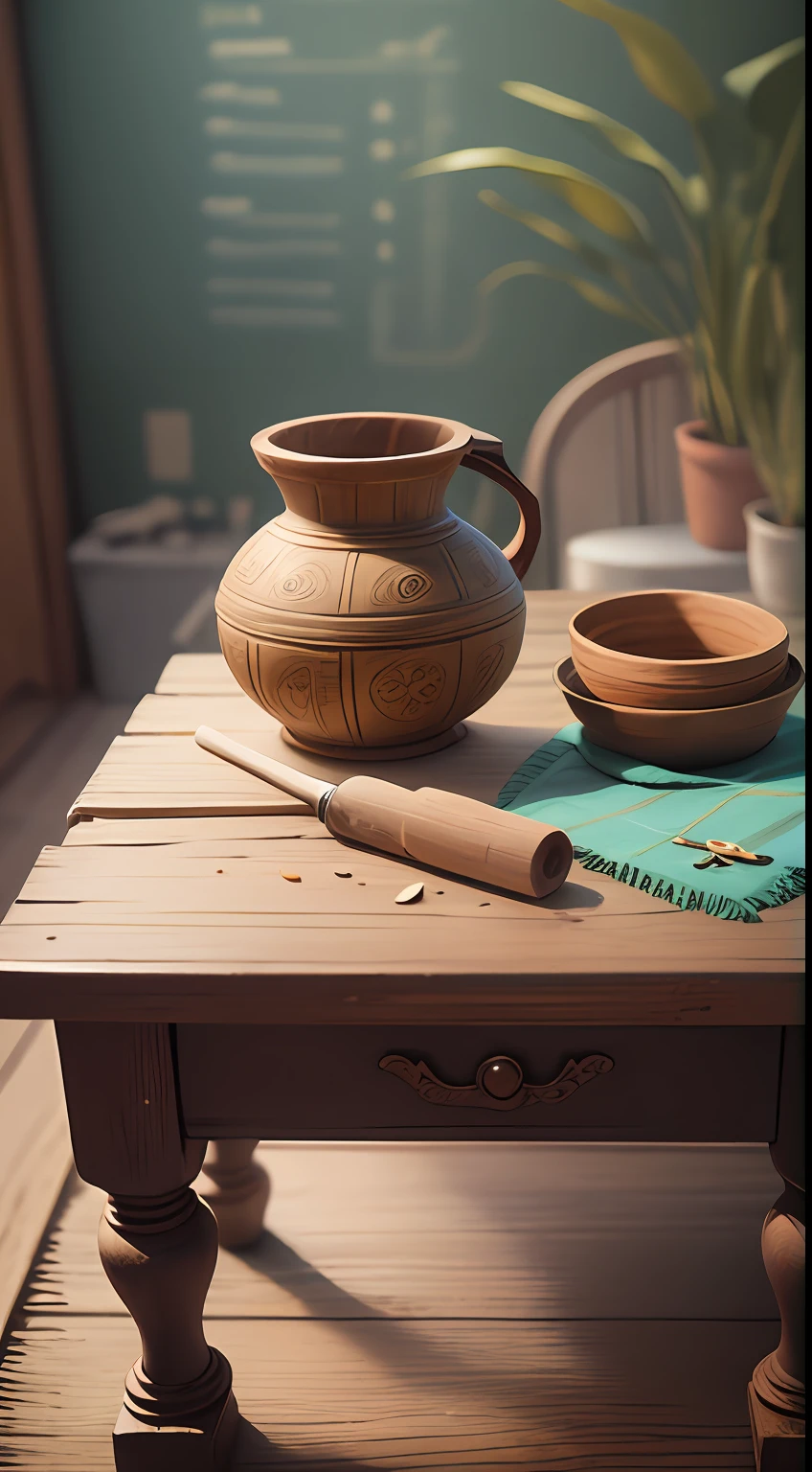 best qualtiy：1.3），（tmasterpiece：1.3），On the wooden table，The clay pot is on the side，vintage vibes