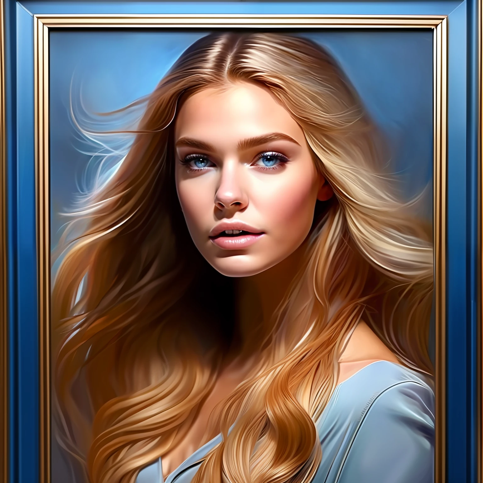 high weist portrait of blonde beautiful girl portrait that echoes her strength, resilience, and beauty. Feyre's portrait should frame her face, allowing her captivating features to take center stage. Start with her  blue eyes, the windows to her soul. They are vibrant and expressive, reflecting a depth of emotions accumulated through her journey.  Her strong jawline and high cheekbones reveal her determination and resilience, while her soft, full lips convey her capacity for love and compassion. Her long blonde, flowing hair should cascade around her shoulders, in light blue shimmery fantasy dress