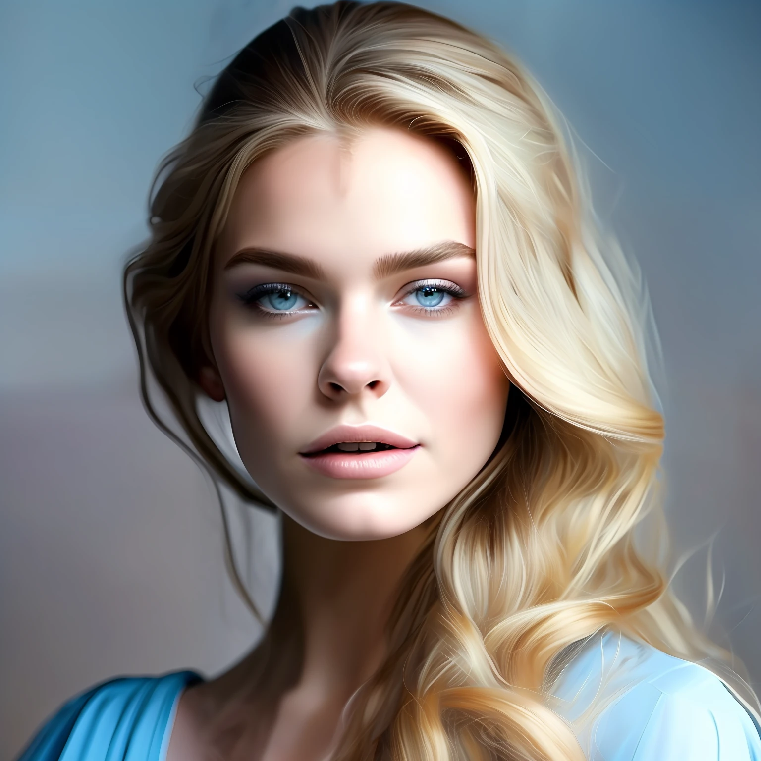 high weist portrait of blonde beautiful girl portrait that echoes her strength, resilience, and beauty. Feyre's portrait should frame her face, allowing her captivating features to take center stage. Start with her  blue eyes, the windows to her soul. They are vibrant and expressive, reflecting a depth of emotions accumulated through her journey.  Her strong jawline and high cheekbones reveal her determination and resilience, while her soft, full lips convey her capacity for love and compassion. Her long blonde, flowing hair should cascade around her shoulders, in light blue shimmery fantasy dress,(Stary sky in background) (zoom out) wide angle camshot