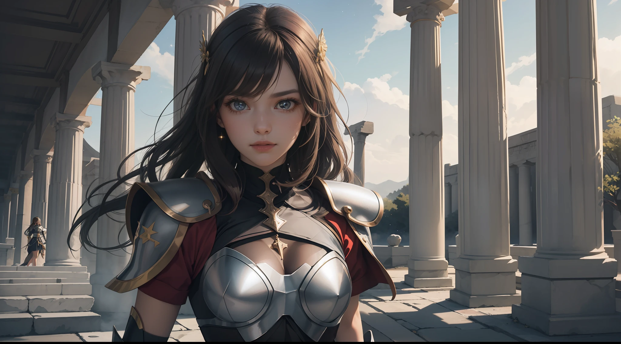 (Extremely detailed Cg Unity 8K wallpaper,Masterpiece, Best quality, Ultra-detailed, Beautiful detailed eyes:1.2),Best illumination, (Best shadow, An extremely delicate and beautiful, full bloom), 1girll,Solo,Large breasts，Heavy armor，complex patterns，Long hair,Holding a shield,Film filter, ,full bodyesbian,starlights，galactic，the night，Starcloud,Greek temple，dramatics，dynamicposes，illusory engine， (High detail: 1.9)