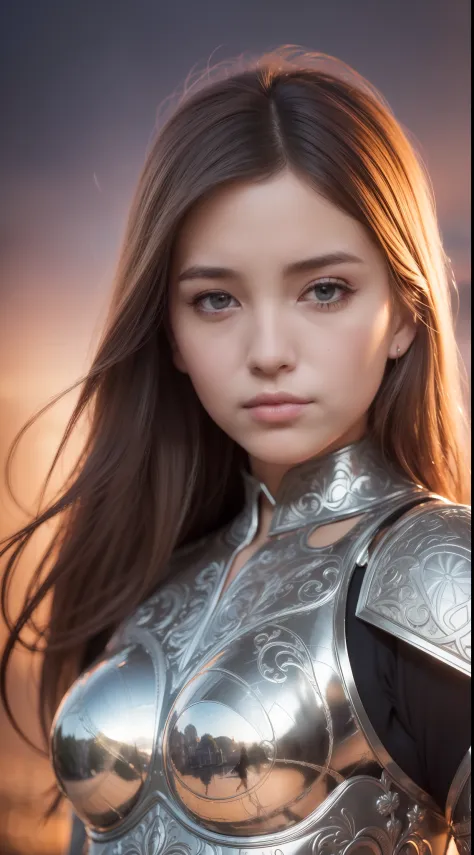 (masutepiece), (very intricate:1.3), (Realistic), Portrait of a girl, the most beautiful in the world, (Medieval armor), metal reflective, Upper body, Outdoors, Intense sunlight, far away castle, professional photograph of a stunning woman detailed, Sharp ...
