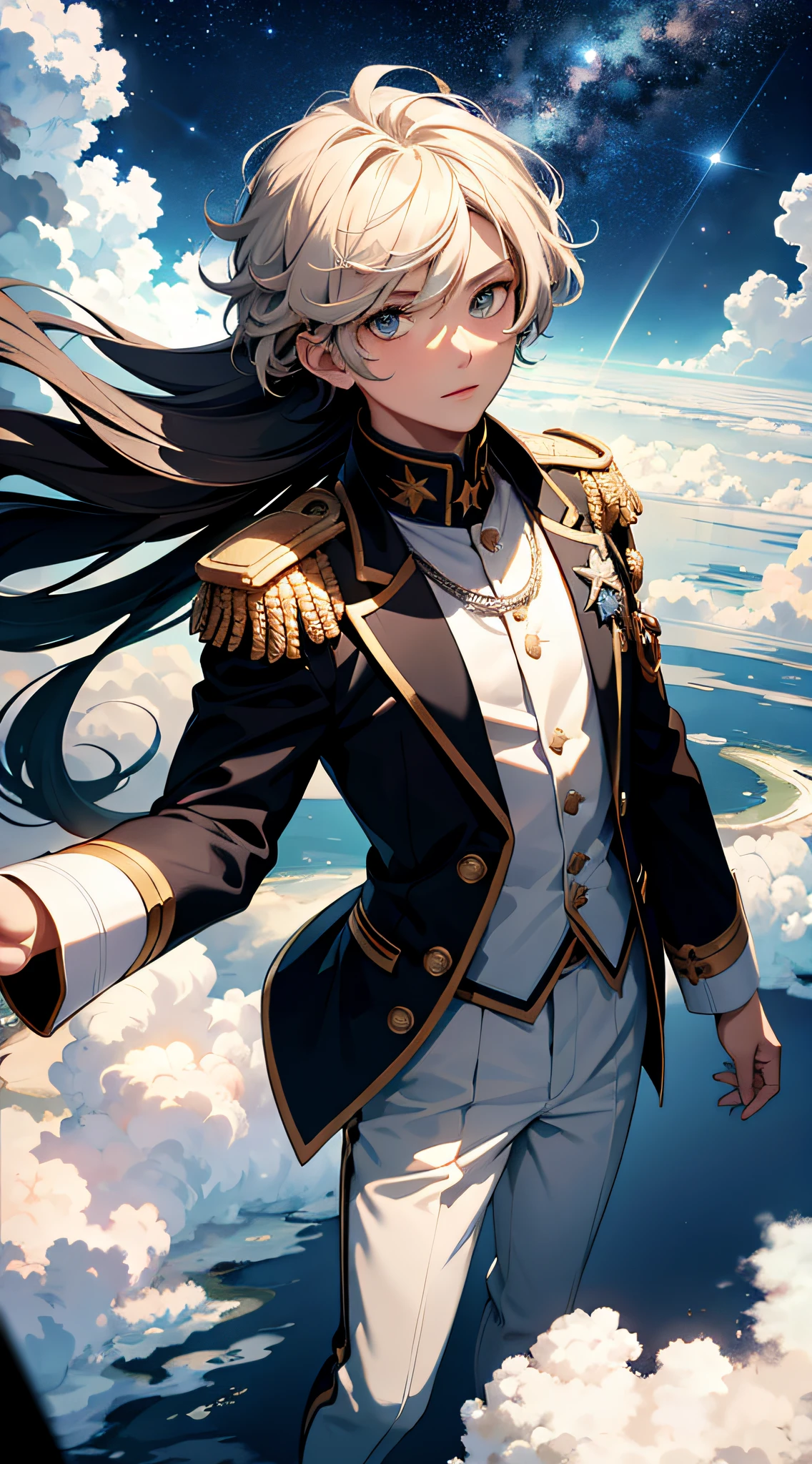 A high resolution, (tmasterpiece:1.4), ultra - detailed, A boy with, looking from above, the space, afloat，starrysky，Large expanses of clouds