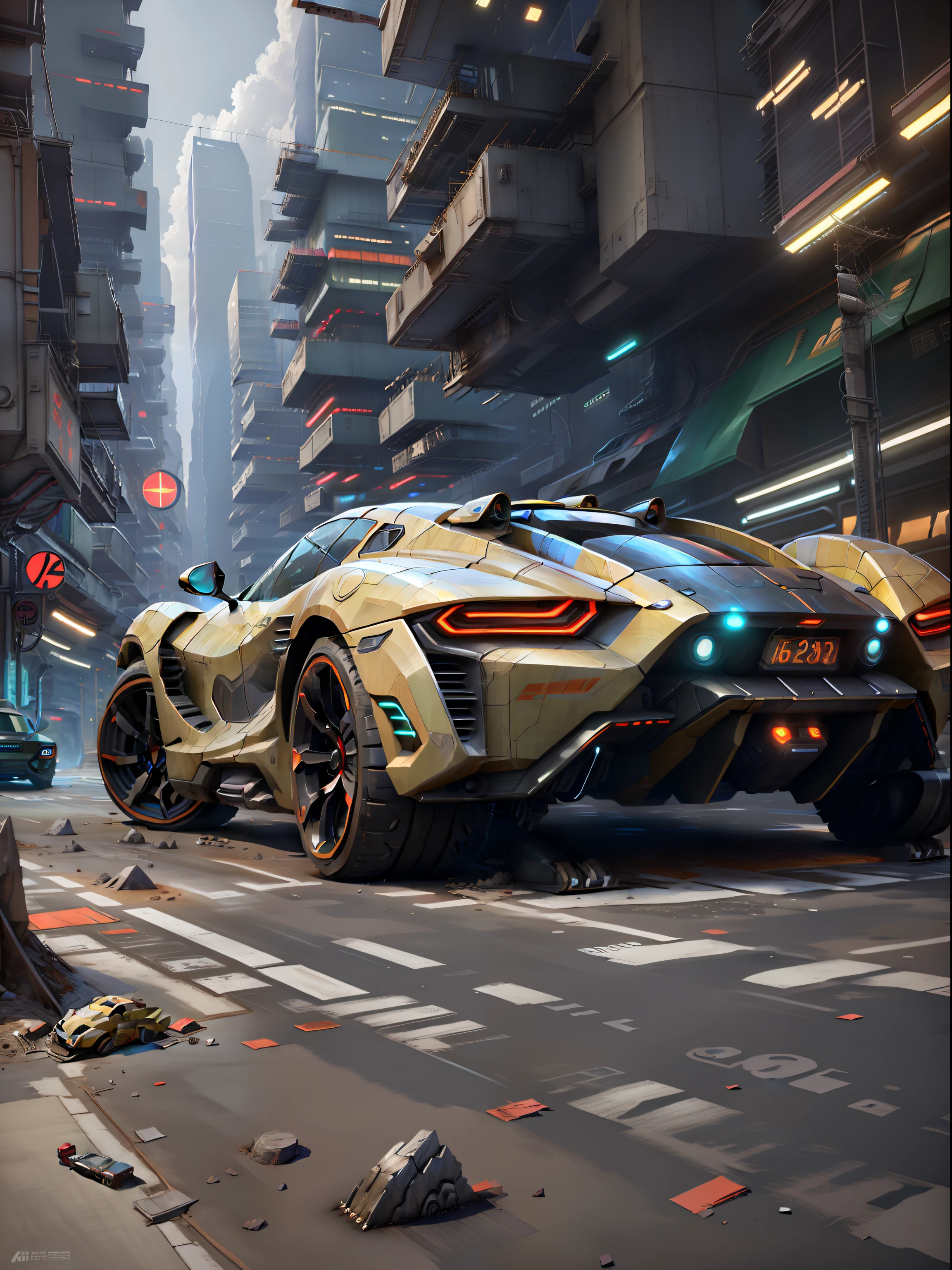 A futuristic sports car on the street of a futuristic city