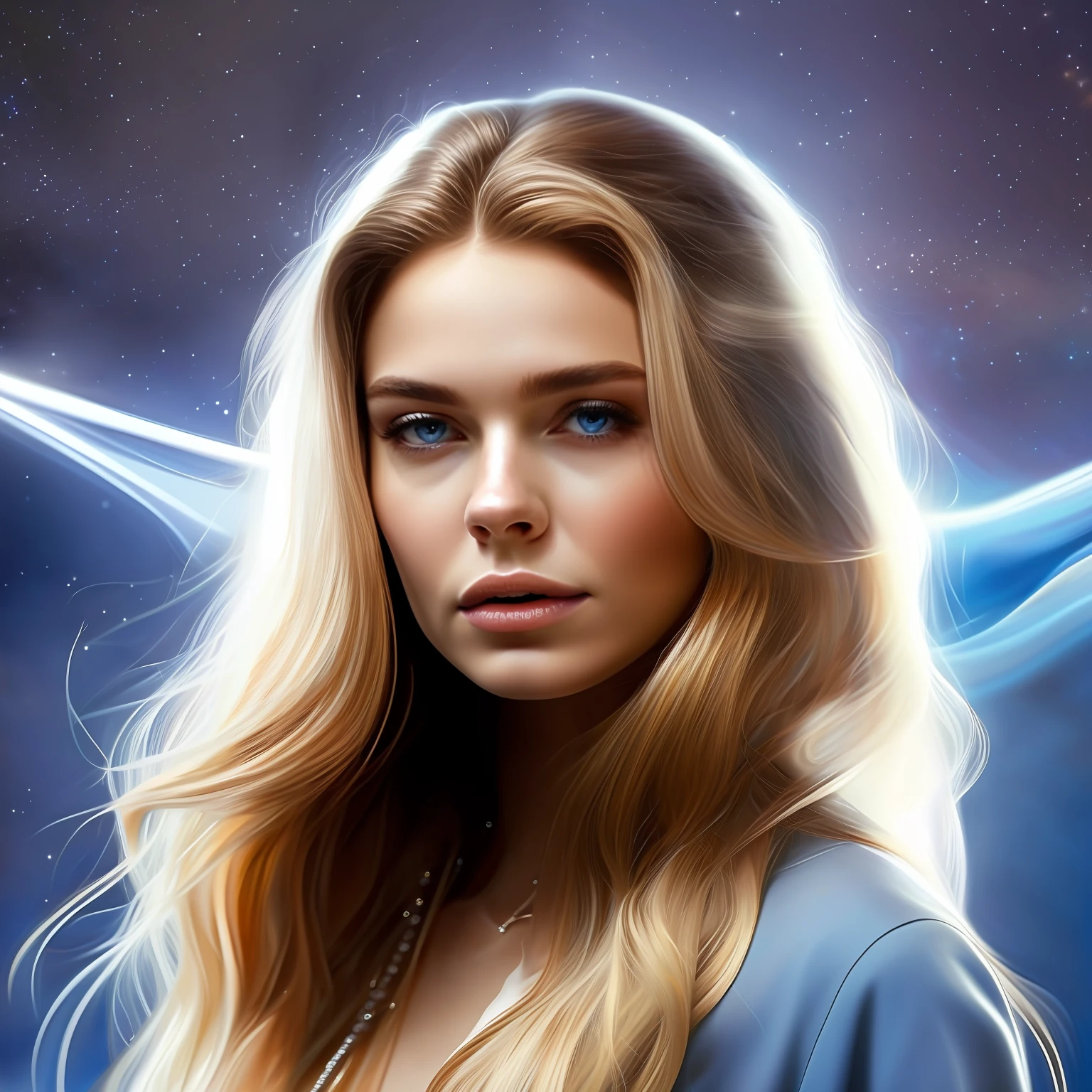 high weist image of  young blonde beautiful girl portrait that  resilience, and beauty. Feyre's portrait should frame her face, allowing her captivating features to take center stage. Start with her  blue eyes, the windows to her soul. They are vibrant and expressive, reflecting a depth of emotions accumulated through her journey.  Her strong jawline and high cheekbones reveal her determination and resilience, while her soft, full lips convey her capacity for love and compassion. Her long blonde, flowing hair should cascade around her shoulders, in light blue shimmery (fantasy dress)(star in background in night) standing on mountain