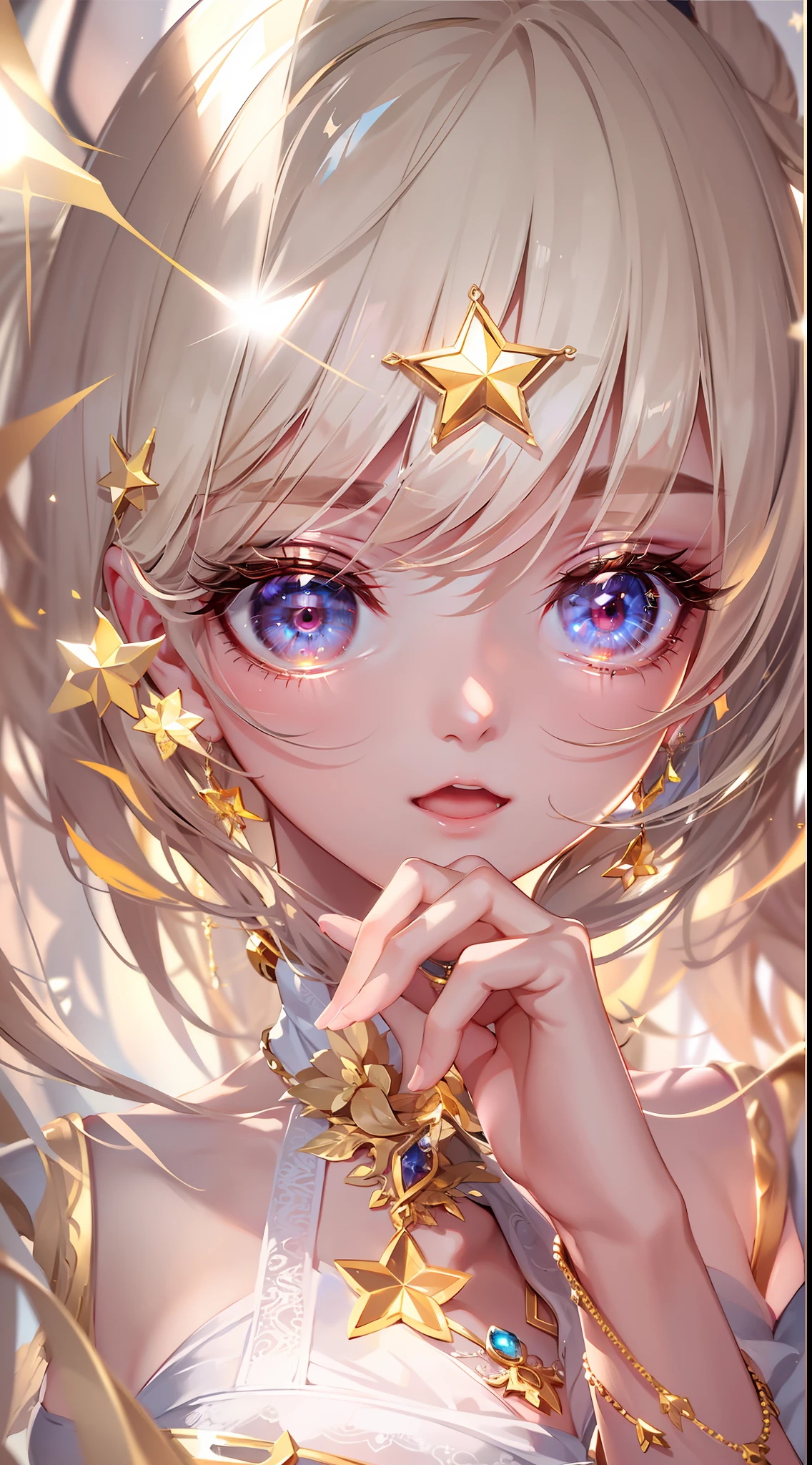 Ultra transparent 8k wallpaper, Brilliant depiction of details, Charming and energetic breeze, Mysterious and seductive angle, Glamorous and glamorous gold-rimmed star-shaped eye ornament, Attractive necklace jewelry, Mesmerizing eye detail, Perfectly presented big eyeodel standing，Female pervert