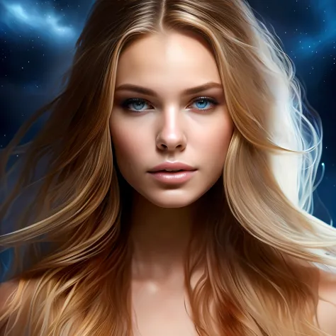 high weist image of  young blonde beautiful girl portrait that  resilience, and beauty. Feyre's portrait should frame her face, allowing her captivating features to take center stage. Start with her  blue eyes, the windows to her soul. They are vibrant and...