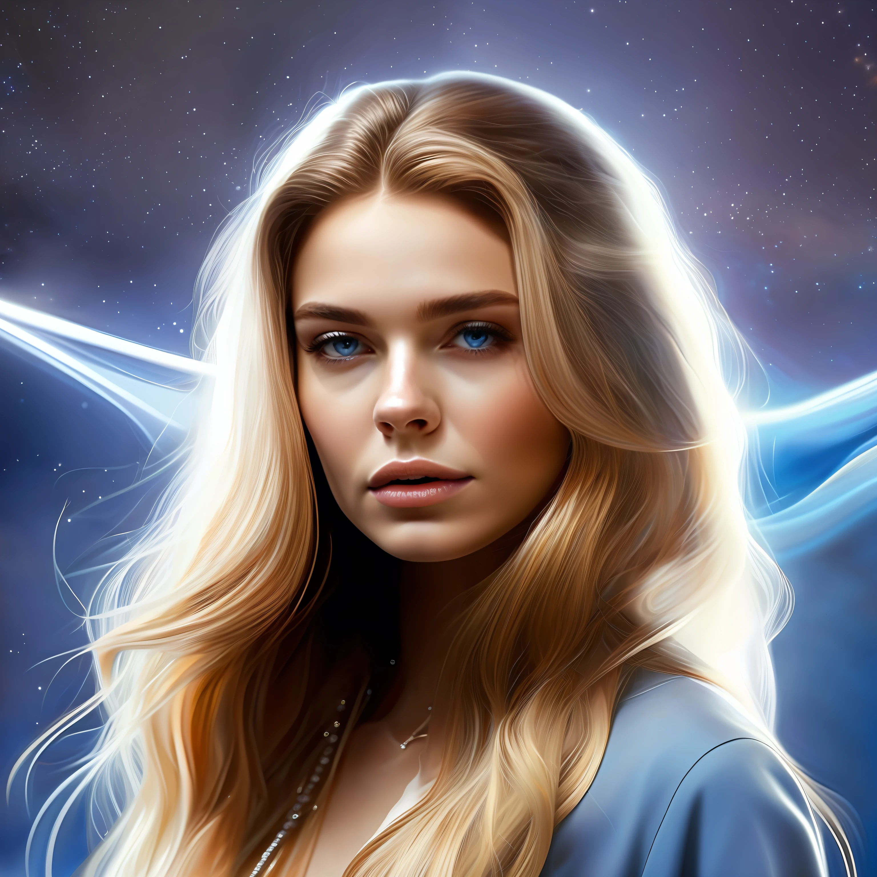 high weist image of  young blonde beautiful girl portrait that  resilience, and beauty. Feyre's portrait should frame her face, allowing her captivating features to take center stage. Start with her  blue eyes, the windows to her soul. They are vibrant and expressive, reflecting a depth of emotions accumulated through her journey.  Her strong jawline and high cheekbones reveal her determination and resilience, while her soft, full lips convey her capacity for love and compassion. Her long blonde, flowing hair should cascade around her shoulders, in light blue shimmery (fantasy dress)(star in background in night) standing on mountain