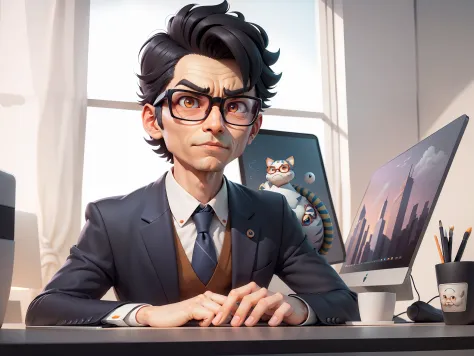 a young man in a suit, short hair and glasses sat at his desk，holding laptop，digitial painting，tigre，3d character design by mark...