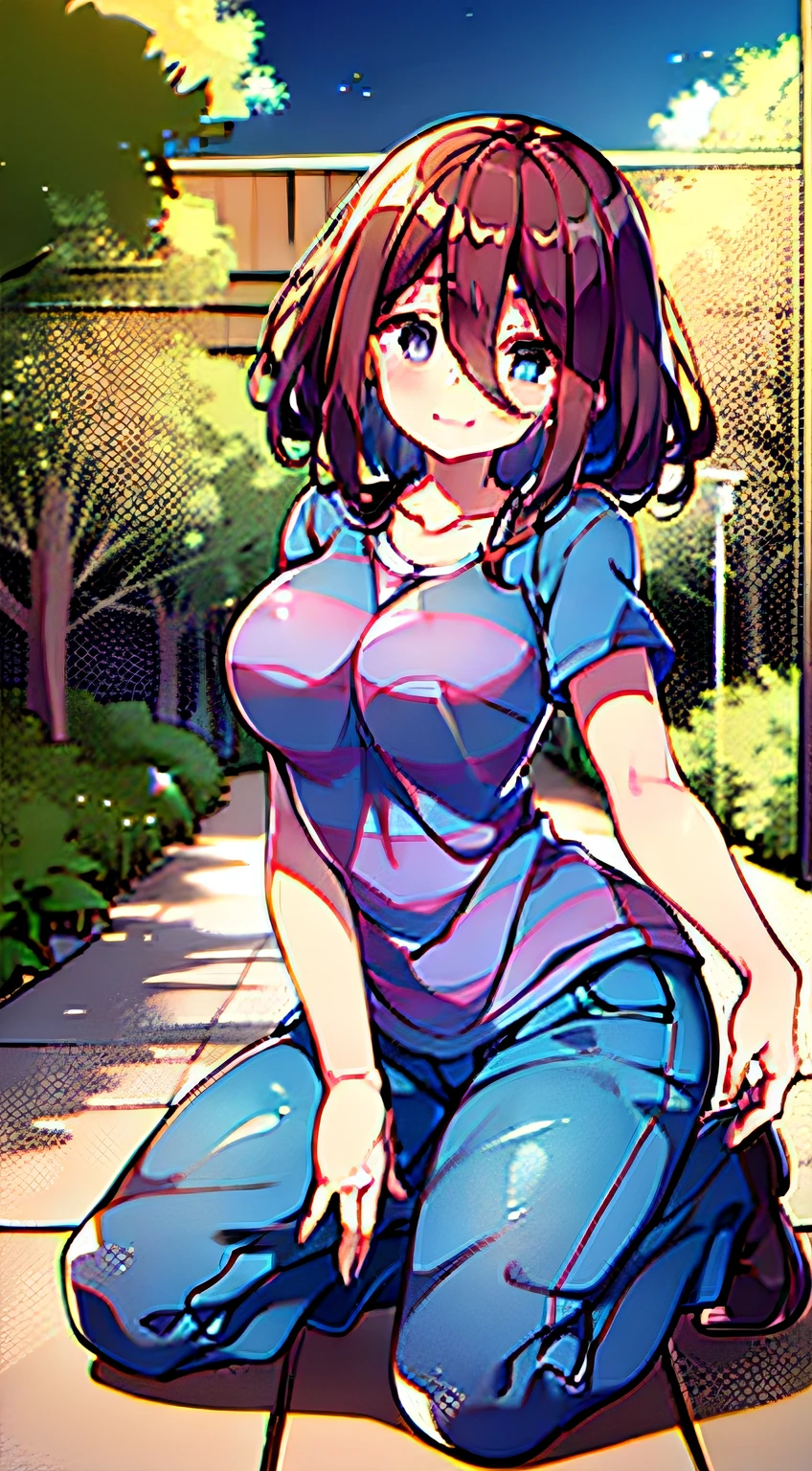 masterpiece, The best quality, High Resolutions, Fresh, (brown shorts), (blue shirt), (1girl), (Alone), Stripes, camisa a Stripes moradas, smiling, Standing, blue eyes, big chest, kneeling, ecchi