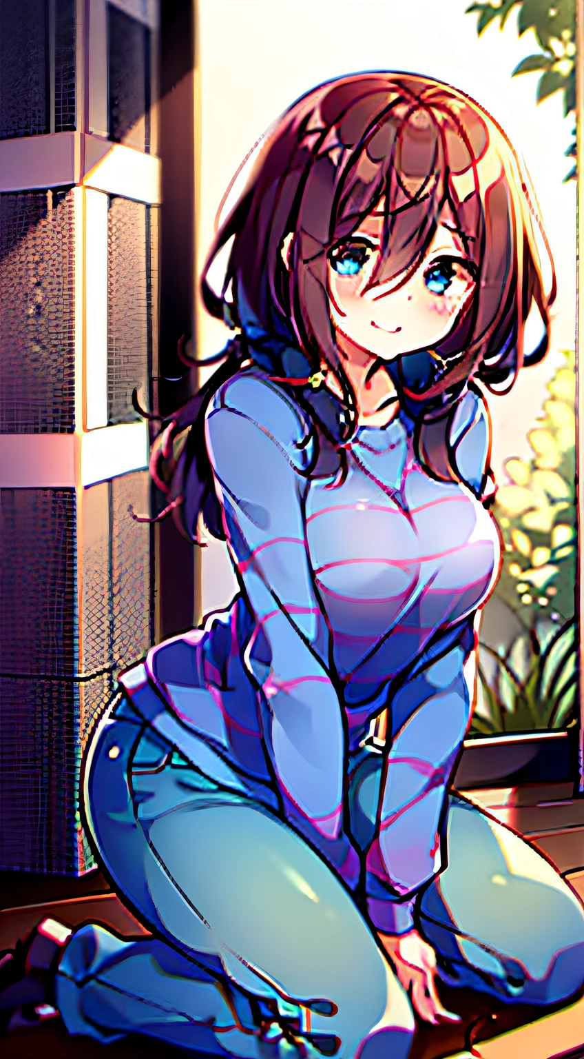 masterpiece, The best quality, High Resolutions, Fresh, (brown shorts), (blue shirt), (1girl), (Alone), Stripes, camisa a Stripes moradas, smiling, Standing, blue eyes, big chest, kneeling, ecchi